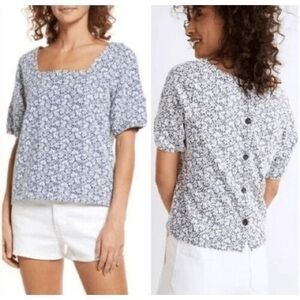 New Jacquard Floral Princess Shoulder Madewell Blue White Billow Top Size Small